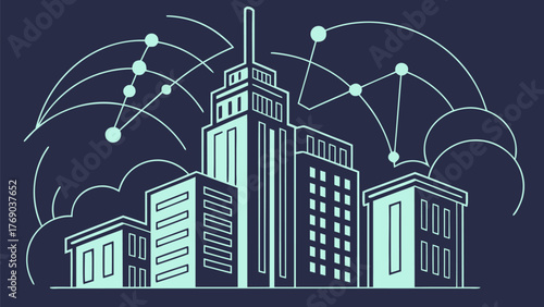 Illustration of a city skyline with buildings connected by a network of lines and nodes on a dark background