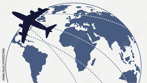 Airplane flying over a globe with dotted lines indicating flight paths across continents and oceans shown