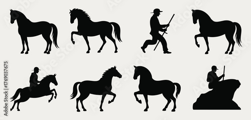 Collection of horse and rider silhouettes in various poses and activities