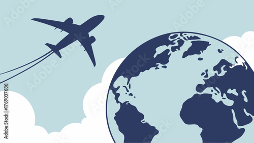 Silhouette of an airplane flying over the earth with clouds in the background on a light blue sky scene