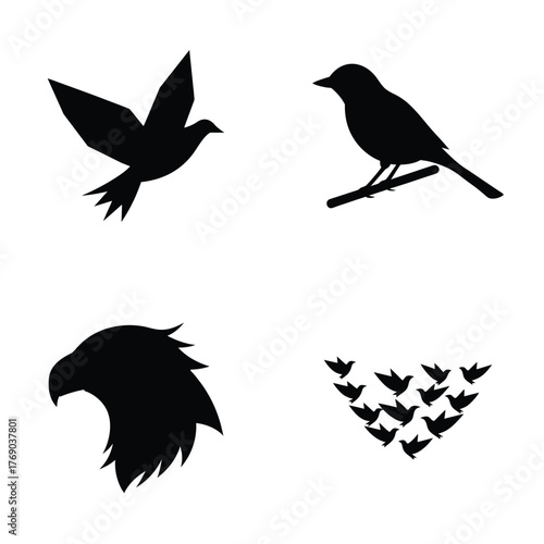 bird silhouette vector icon set including eagle head dove and flock