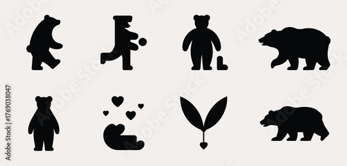 Collection of black bear silhouettes in various poses and a plant illustration