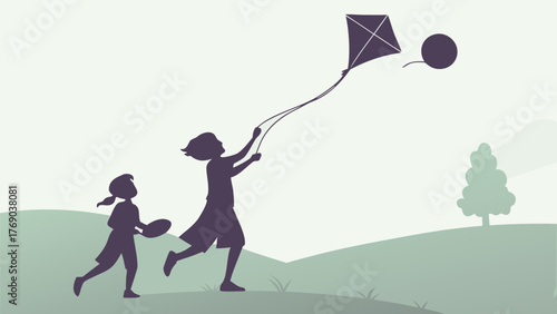 Silhouette of two girls running on a hill, one holding a frisbee and the other flying a kite with a balloon tied to it