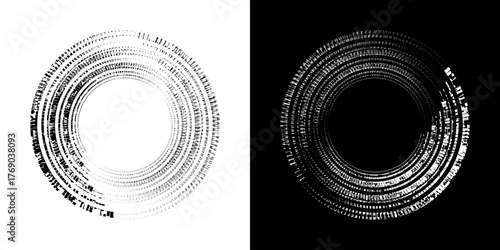 Dynamic abstract spiral sound wave rhythm lines. Circular spiral sound wave rhythm of lines. Circular futuristic abstract lines, black and white background.	

