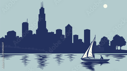 Silhouette of a city skyline with a sailboat on the water under a bright moon in a serene evening scene