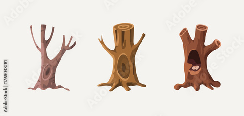 Three stylized illustrations of bare tree trunks with branches