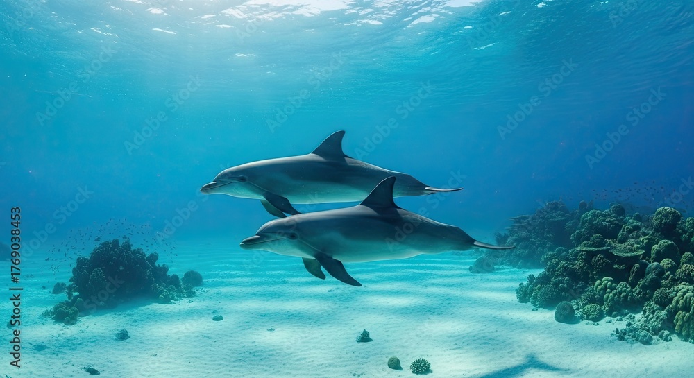 Fototapeta premium Two dolphins swim gracefully in crystal clear turquoise ocean water