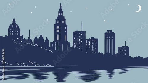 Cityscape silhouette at night with moon and stars reflecting in water creating a serene and peaceful scene