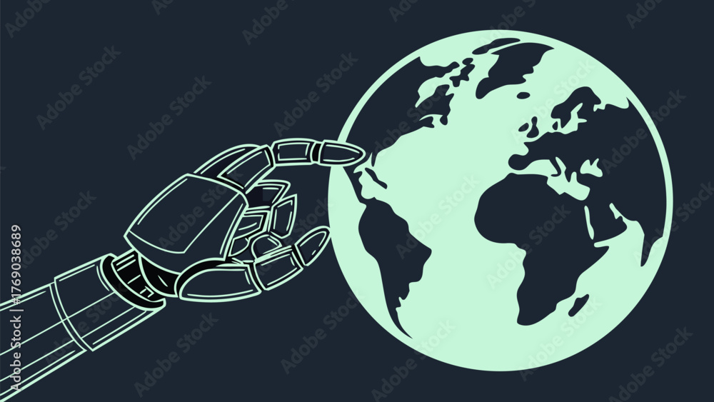 Naklejka premium Illustration showing a robotic hand touching a globe representing global technology and artificial intelligence