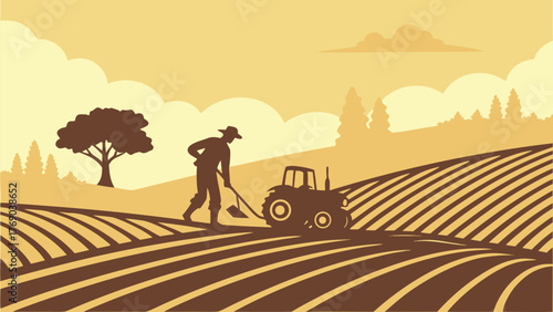 Silhouette illustration of a farmer plowing a field with a tractor under a cloudy sky in the countryside