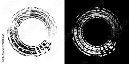 Dynamic abstract spiral sound wave rhythm lines. Circular spiral sound wave rhythm of lines. Circular futuristic abstract lines, black and white background.	

