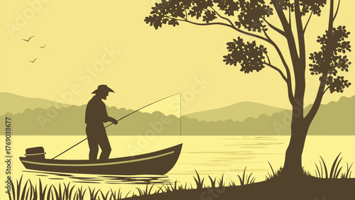 Silhouette of a fisherman in a boat fishing on a lake with mountains and a tree in the background scene