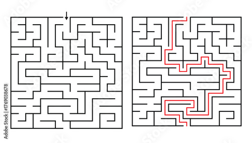 Rectangular Orthogonal Maze Game for Adults Kids - Simple and Easy Maze Game Flat Vector Black and White Outline Illustration.