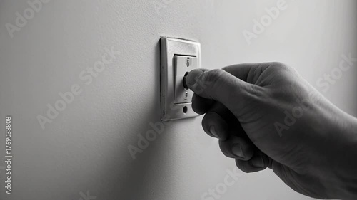 Black and white close up of a hand about to flip a light switch flipping turning on