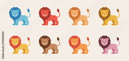 Collection of eight colorful cartoon lions in various poses and colors