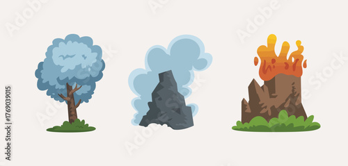 Three trees showing different stages of environmental impact and destruction