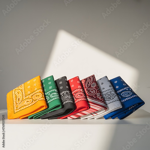Collection of colorful paisley bandanas arranged in a row on a white surface isolated on white background