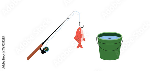 Fishing rod with a caught fish and a bucket of water
