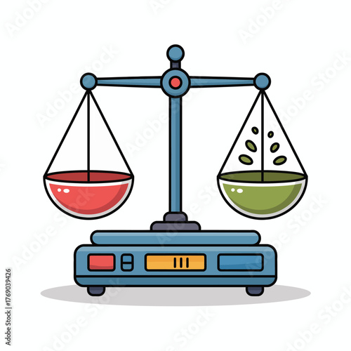 Illustration of a balance scale with liquid and seeds on each side