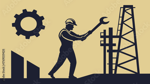 Silhouette of worker with hard hat holding wrench next to oil rig and gear with industrial building at bottom