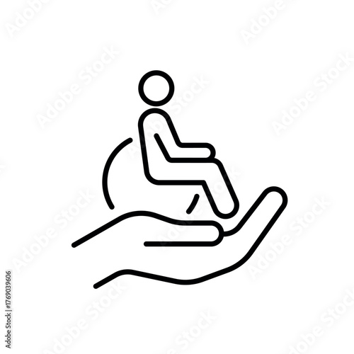 Small figure in a wheelchair held by a large hand - symbol of care, safety, and disability assistance.