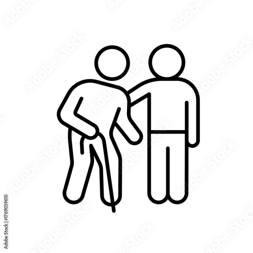 One figure supporting another with a cane - symbol of care and workplace adaptation for aging employees.