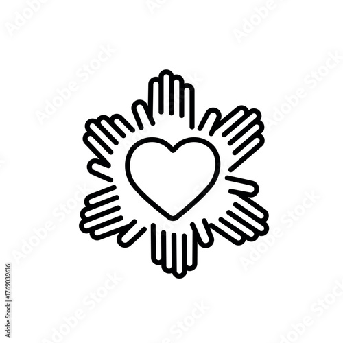 A heart radiating from a starburst of stylized hands - symbolizing open collaboration and welcoming culture.