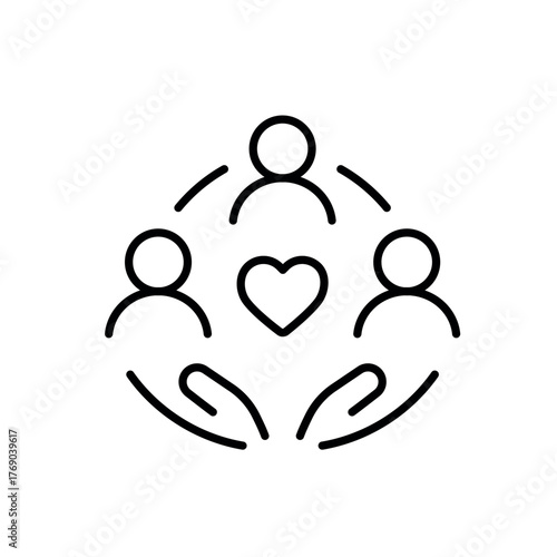 A line icon representing a circle of people and open hands around a heart, illustrating mutual respect and a supportive, inclusive environment.