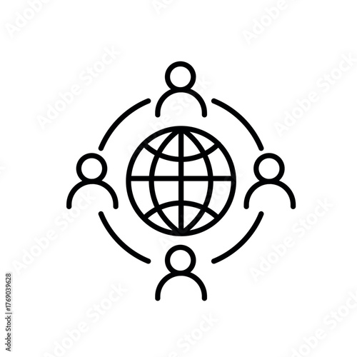 A line icon showing four people connected in a circle around a globe, representing cross-cultural understanding, global inclusion, and awareness of diverse perspectives.