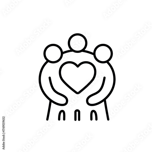 A vector line icon showing a diverse group of people embracing a large heart at the center, symbolizing empathy, inclusion, and shared values in the workplace.