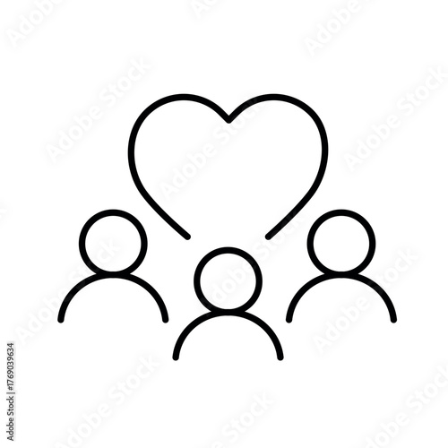 A minimalistic icon of three people standing beneath a floating heart, symbolizing care, safety, and belonging in a diverse environment.