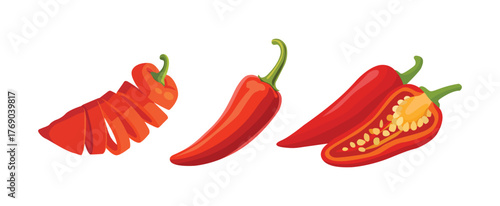 collection of red chilies sliced ​​whole and halved on a white background.