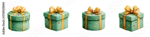Watercolor gift boxes with gold ribbon and confetti, set on transparent background