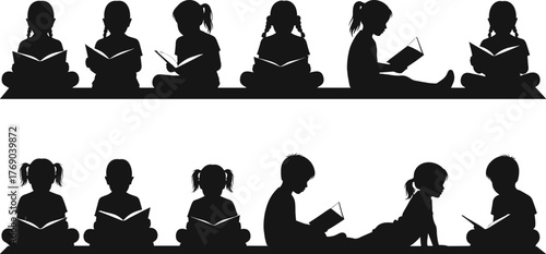 Vector silhouettes of children reading books — perfect for education posters, school materials, library illustrations, and literacy campaign designs.