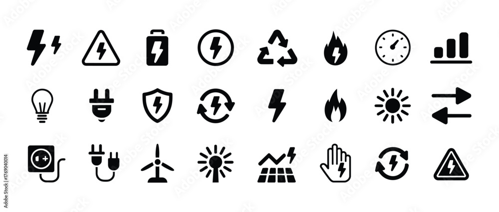 Fototapeta premium Collection of energy and power icons, including electricity, renewable energy, and battery symbols