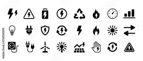 Collection of energy and power icons, including electricity, renewable energy, and battery symbols