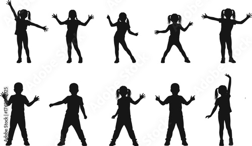 Vector silhouettes of children dancing and posing, perfect for educational materials, posters, kids’ activities, and creative design projects.