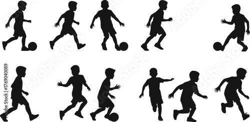 Silhouettes of children playing soccer, perfect for sports designs, youth activity posters, educational materials, and athletic-themed illustrations.