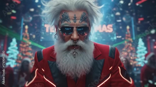 A festive party features Santa as a DJ, mixing music with vibrant lights and a cheering crowd. The atmosphere is filled with excitement and holiday spirit, creating a joyful experience