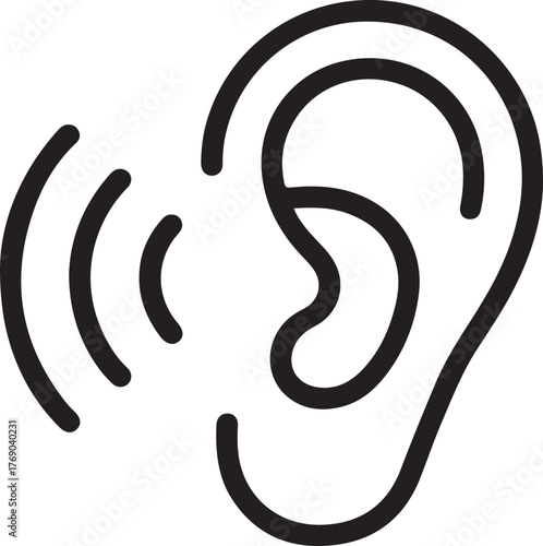 Simple line art icon of an ear receiving sound waves for listening