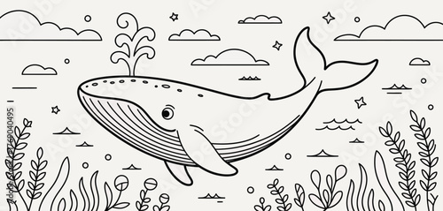 Cute whale spouting water in the ocean with clouds and plants