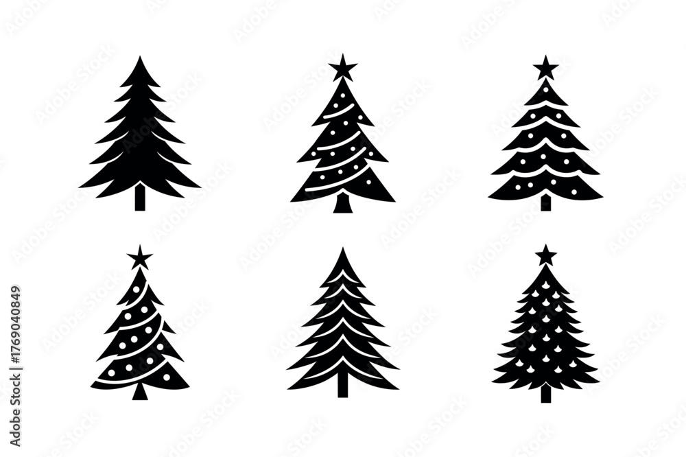 Obraz premium Christmas Tree Silhouette Icons – Holiday Pine and Festive Vector Design Set