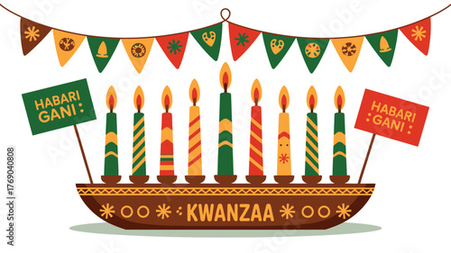 Kwanzaa kinara with candles and banners celebrating african american heritage