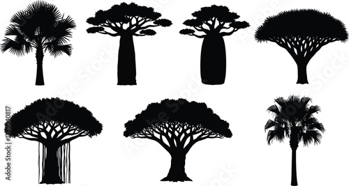 Collection of exotic tropical tree silhouettes including baobab and palm trees for nature illustration, jungle design, landscape, and eco projects.