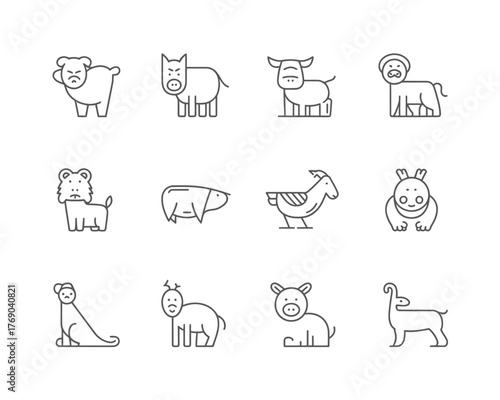 Collection of hand drawn farm animals in a simple sketch style