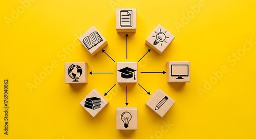 Wallpaper Mural Wooden blocks with education icons arranged in a circle around a graduation cap on a yellow background Torontodigital.ca