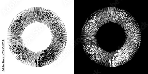 Dynamic abstract spiral sound wave rhythm lines. Circular spiral sound wave rhythm of lines. Circular futuristic abstract lines, black and white background.	
