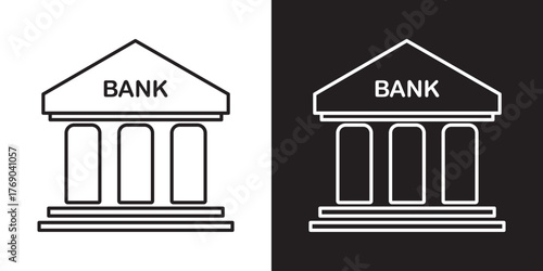 Banking Icons — Bank Building, ATM, Money Stack, Global Currency Symbols on Black and White Background.