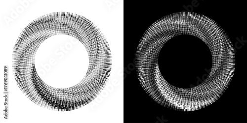 Dynamic abstract spiral sound wave rhythm lines. Circular spiral sound wave rhythm of lines. Circular futuristic abstract lines, black and white background.	
