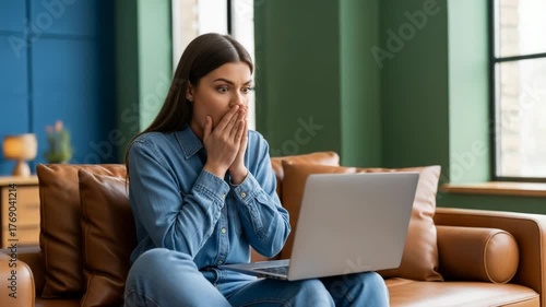 Young woman looking shocked at her laptop screen at home